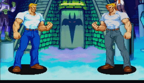 Two Men Standing In Front Of A Door With A Bat Shadow In The Background GIF