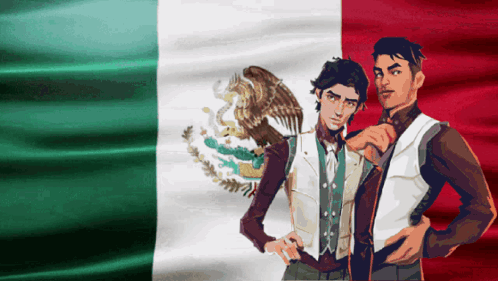 Two Men Standing in Front of Mexican Flag