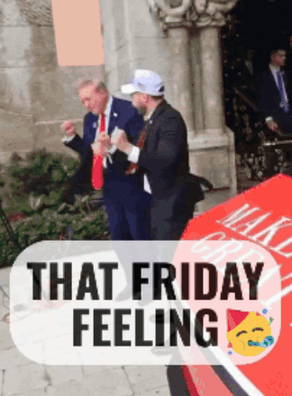 Two Men Standing Next To A Red Car With The Words That Friday Feeling On The Bottom GIF