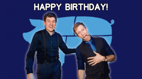 Two Men Standing Next To Each Other In Front Of A Blue Background That Says " Happy Birthday " GIF