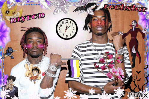 Two Men Standing Next To Each Other With A Clock That Says Rockstar GIF