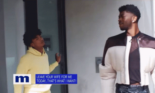 Two Men Standing Next To Each Other With A Sign That Says " Leave Your Wife For Me Today " GIF