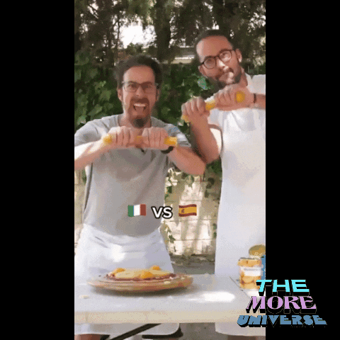 Two Men Standing Next To Each Other With A Sign That Says " Vs " On It GIF