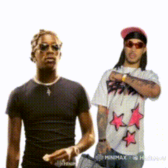 Two Men Standing Next To Each Other With One Wearing A Shirt That Says ' Minimal ' On It GIF