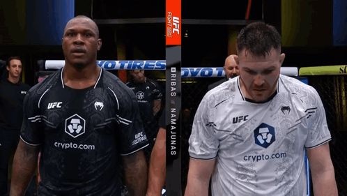 Two Men Standing Next To Each Other With One Wearing A Shirt That Says Ufc GIF