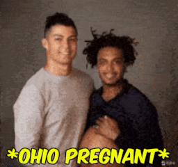Two Men Standing Next To Each Other With The Caption " Ohio Pregnant " On The Bottom GIF