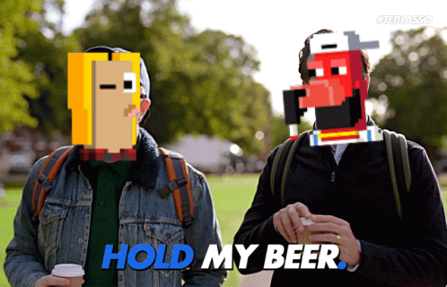 Two Men Standing Next To Each Other With The Words Hold My Beer GIF