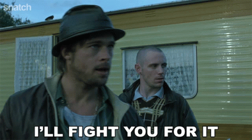 Two Men Standing Next To Each Other With The Words I 'Ll Fight You For It GIF