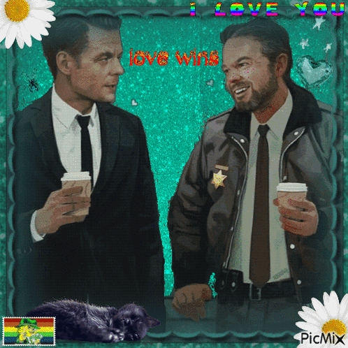 Two Men Standing Next To Each Other With The Words " I Love You " Written Above Them GIF