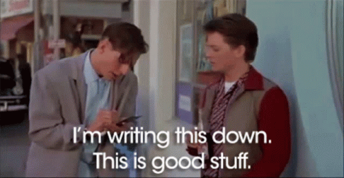 Two Men Standing Next To Each Other With The Words " I 'M Writing This Down This Is Good Stuff " Above Them GIF