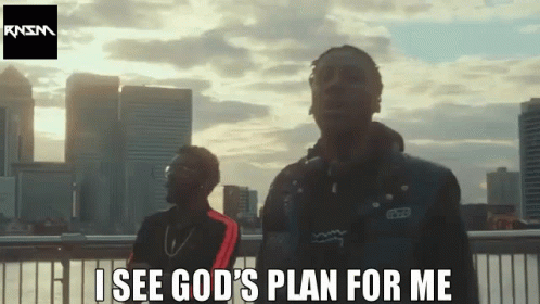 Two Men Standing Next To Each Other With The Words I See God 'S Plan For Me GIF