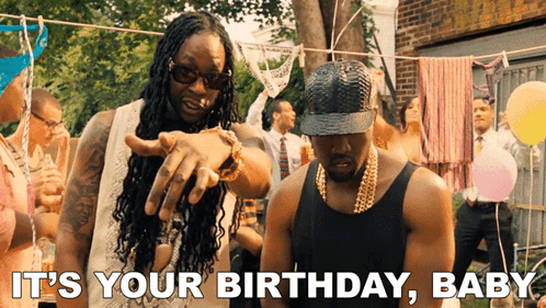 Two Men Standing Next To Each Other With The Words " It 'S Your Birthday Baby " On The Bottom GIF