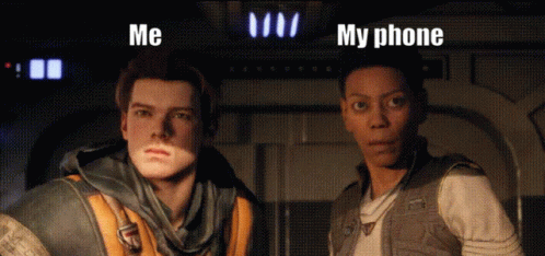 Two Men Standing Next To Each Other With The Words " Me " And " My Phone " On The Bottom GIF
