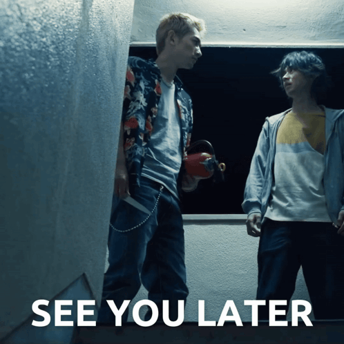 Two Men Standing Next To Each Other With The Words " See You Later " Below Them GIF