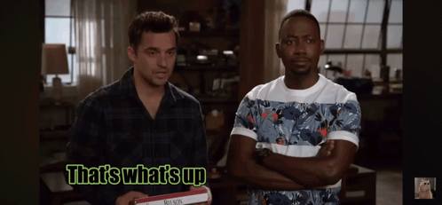 Two Men Standing Next To Each Other With The Words That 'S What 'S Up GIF