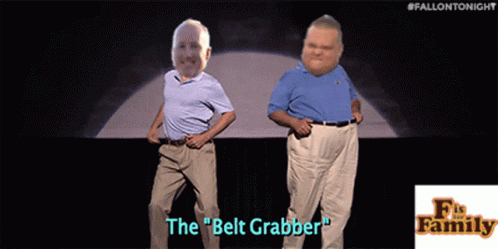 Two Men Standing Next To Each Other With The Words " The Belt Grabber " On The Bottom Right GIF