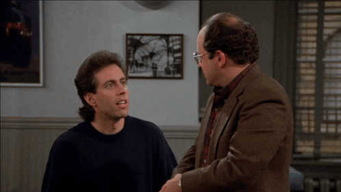 Two Men Standing Next To Each Other With The Words " This Is No Good " In Yellow GIF