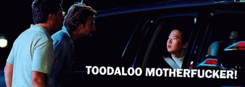 Two Men Standing Next To Each Other With The Words Toodaloo Motherfucker GIF