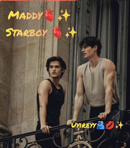 Two Men Standing On A Balcony With The Words Maddy Starboy Written On The Top GIF