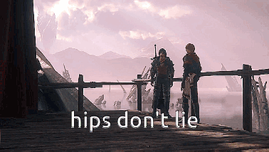 Two Men Standing On A Bridge With The Words " Hips Don 'T Lie " On The Bottom GIF