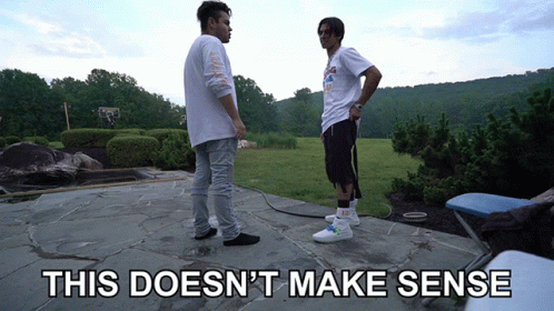 Two Men Standing On A Stone Patio With The Words This Does N't Make Sense GIF