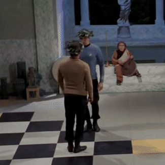 Two Men Standing on Checkered Floor