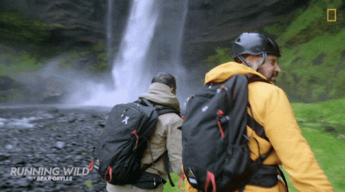 Two Men Walking By Waterfall Running Wild Bear Grylls GIF