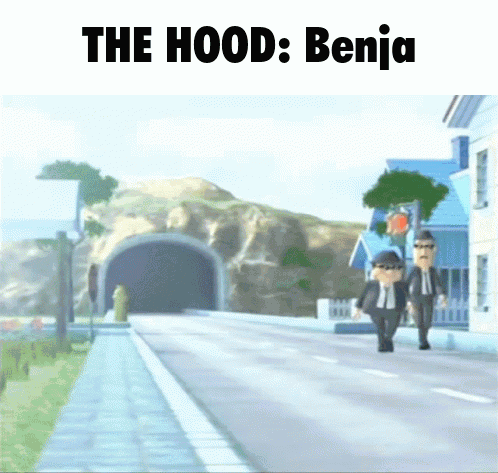 Two Men Walking Down A Street With The Words " The Hood Benja " On The Bottom GIF