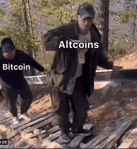 Two Men Walking Down Wooden Staircase With Altcoins and Bitcoin