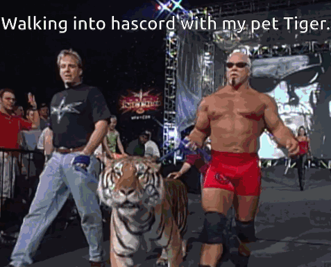 Two Men Walking Into Hascord With A Tiger GIF