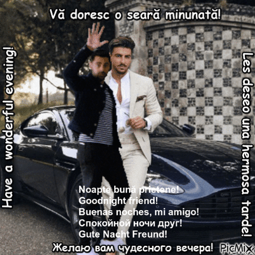 Two Men Waving in Front of Car Have a Wonderful Evening