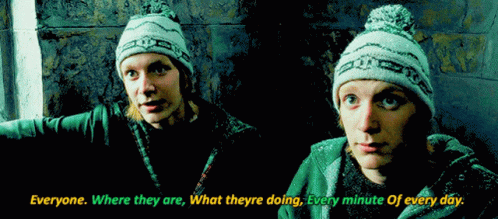 Two Men Wearing Beanies With The Words Everyone Where They Are What Theyre Doing Every Minute Of Every Day Written Below GIF