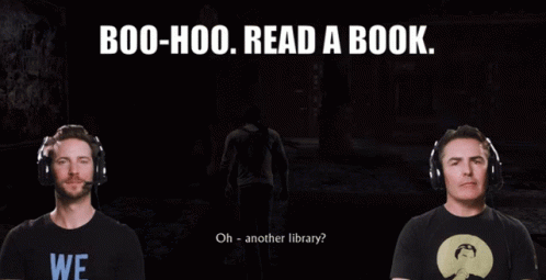 Two Men Wearing Headphones Are Standing Next To Each Other With The Words Boo-Hoo Read A Book GIF