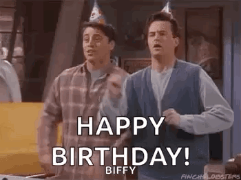 Two Men Wearing Party Hats Are Standing Next To Each Other And Shouting Happy Birthday . GIF