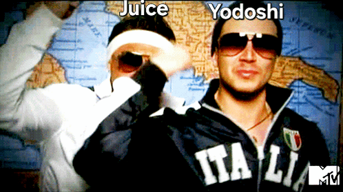 Two Men Wearing Sunglasses And A Jacket That Says Italia Are Posing For A Picture GIF
