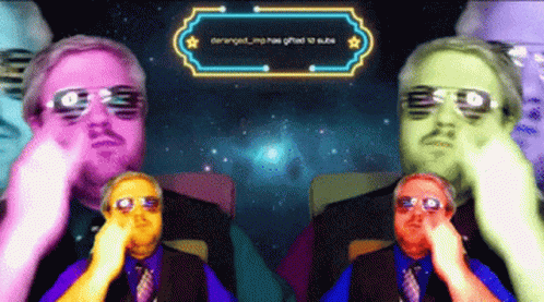 Two Men Wearing Sunglasses Are Sitting In Front Of A Neon Sign That Says Deranged_mp Has Gifted To Cube GIF