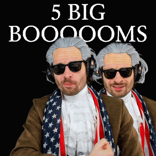 Two Men Wearing Wigs And Sunglasses With The Words 5 Big Boooooms Above Them GIF