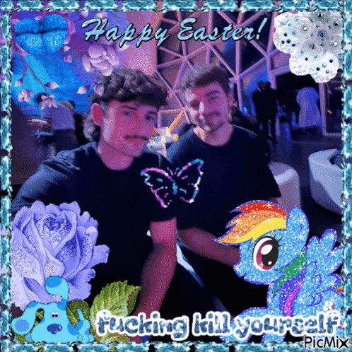 Two Men With Butterfly Shirts and Rainbow Dash Saying Happy Easter