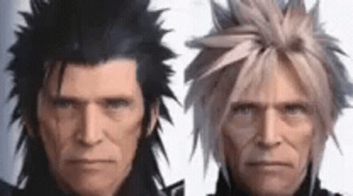 Two Men With Different Hairstyles Are Standing Next To Each Other . GIF