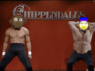 Two Men With Monkey Faces On Their Heads Stand In Front Of A Sign That Says Hippendales GIF