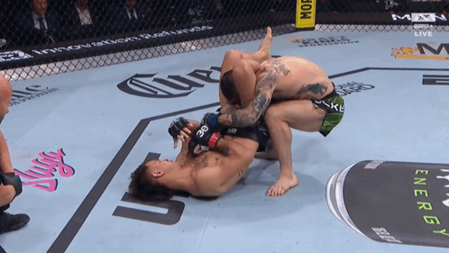 Two Men Wrestling in a Cage with Energy Drink Can