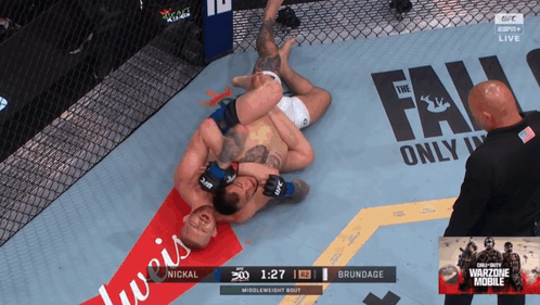 Two Men Wrestling in Boxing Ring With Budweiser Ad