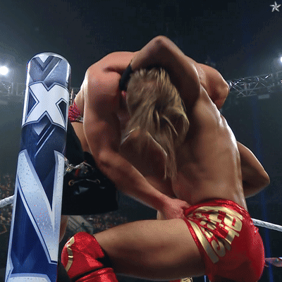 Two Men Wrestling in Ring With Blue X on Post