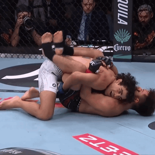Two Men Wrestling In Ring With Cuervo Sign GIF