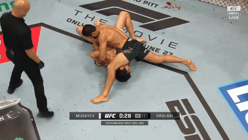 Two Men Wrestling On UFC Ring At 2:28 GIF
