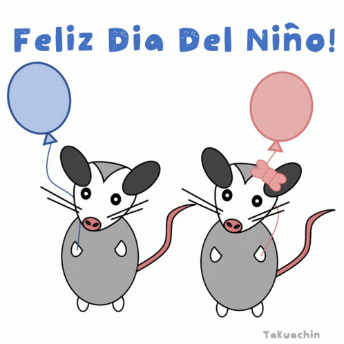 Two Mice Holding Balloons With The Words Feliz Dia Del Niño Written Above Them GIF
