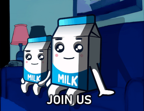 Two Milk Cartons on Couch Saying Join Us