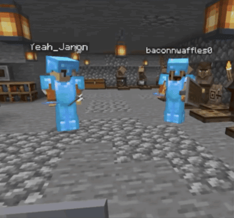 Two Minecraft Characters Are Standing In A Room With The Name Baconwaffle On The Bottom GIF