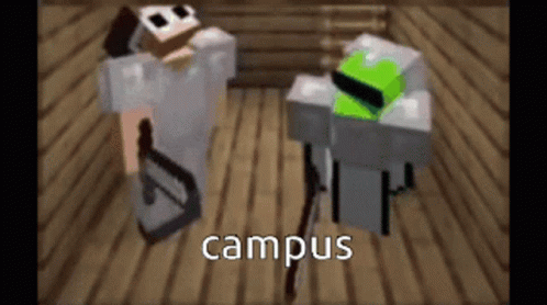 Two Minecraft Characters Are Standing Next To Each Other On A Wooden Floor With The Word Campus Written On The Bottom . GIF