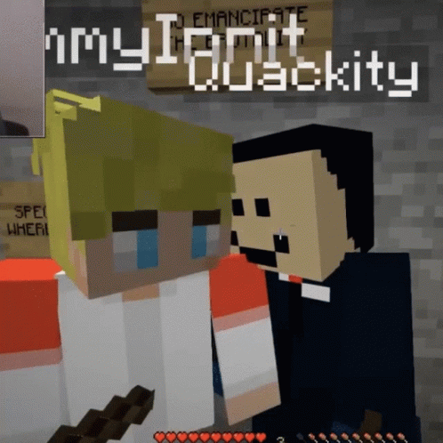Two Minecraft Characters Are Standing Next To Each Other With A Sign Behind Them That Says " I Am Quackity " GIF